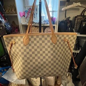 Gray and Tan Checkered Tote with Leather Straps